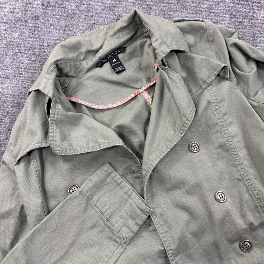 Billabong Trench Coat Medium Green Double Breasted Cotton Belted J704VETE Womens